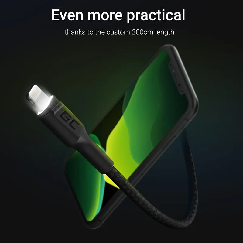 Kabelis Green Cell Ray USB-A - Lightning su balta LED lempute, 200 cm, palaikantis Apple 2.4A greitąjį įkrovimą