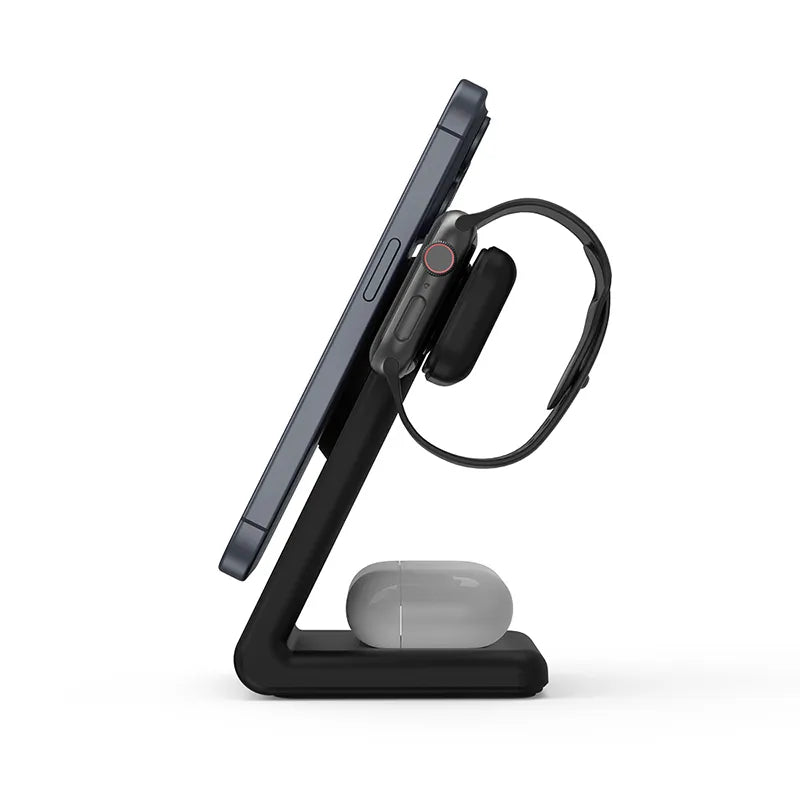 „Crong MagSpot Pivot Stand“ – 3-in-1 belaidis įkroviklis su „MagSafe“, skirtas „iPhone“, „Apple Watch“ ir „AirPods“ (juodas)