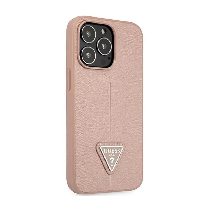 Guess Saffiano Triangle Logo dėklas - dėklas iPhone 14 Pro telefonui (rožinis)