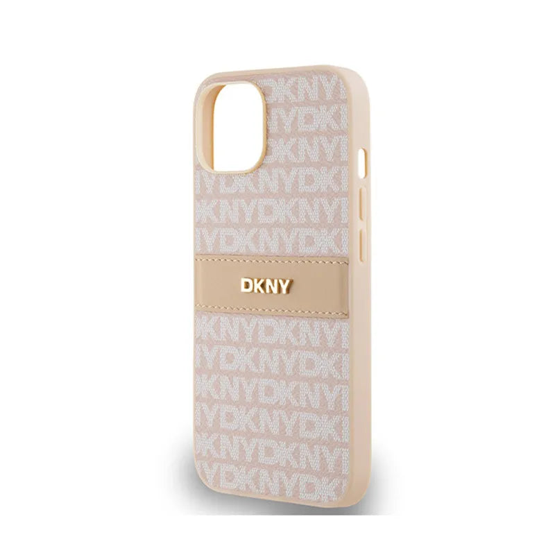 DKNY „Leather Mono Stripe & Metal Logo“ – dėklas „iPhone 14 / 15 / 13“ (rožinis)
