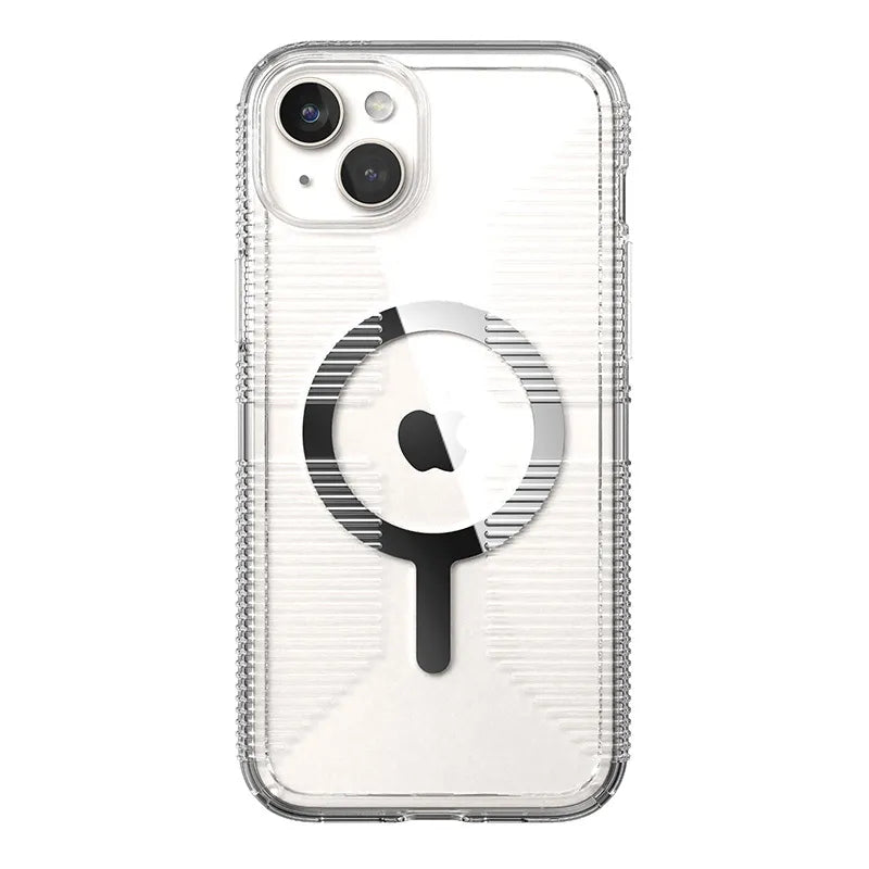 Speck Gemshell Grip + MagSafe – dėklas iPhone 15 Plus / iPhone 14 Plus (Skaidrus / Chromuota apdaila)