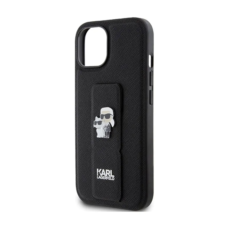 Karl Lagerfeld Gripstand Saffiano Karl & Choupette Pins – dėklas iPhone 15 Plus (juodas)