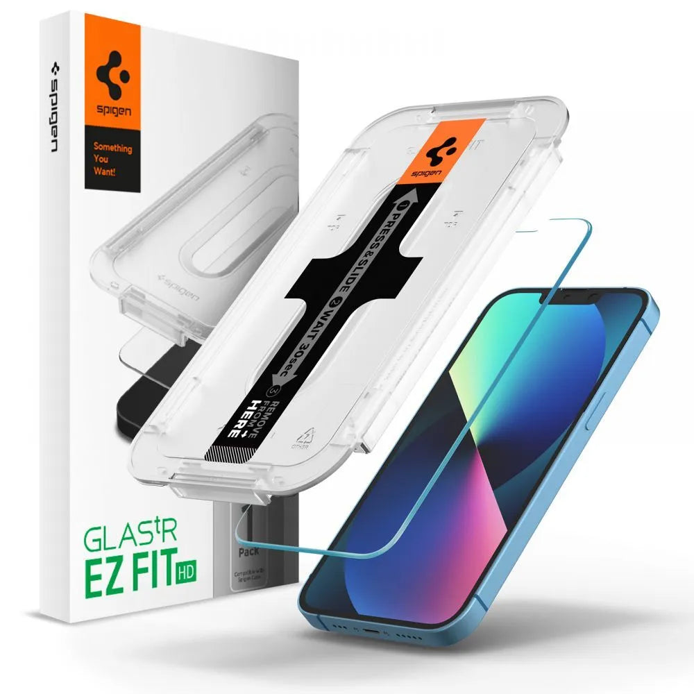 Spigen Glas.TR EZ Fit – grūdintas stiklas Apple iPhone 16e / iPhone 14 / iPhone 13 / iPhone 13 Pro (skaidrus)