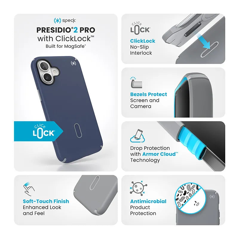 Speck Presidio2 Pro ClickLock & MagSafe – dėklas iPhone 16 Plus (Coastal Blue / Dust Gray / White)