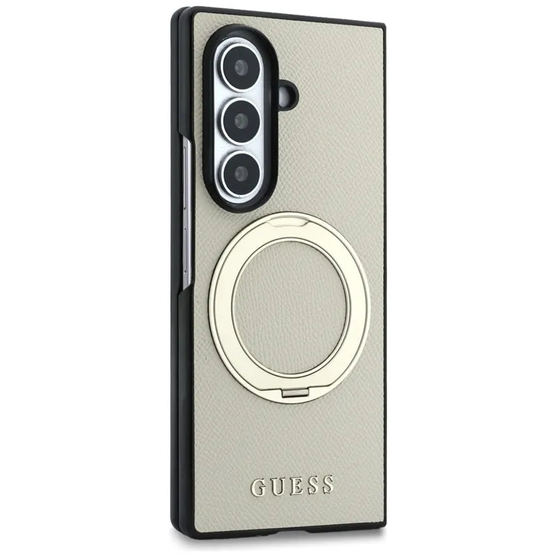 Guess Magnetic Ring Stand Grained Classic Logo MagSafe – „Samsung Galaxy Z Fold 8 Ultra“ dėklas (smėlio spalvos)