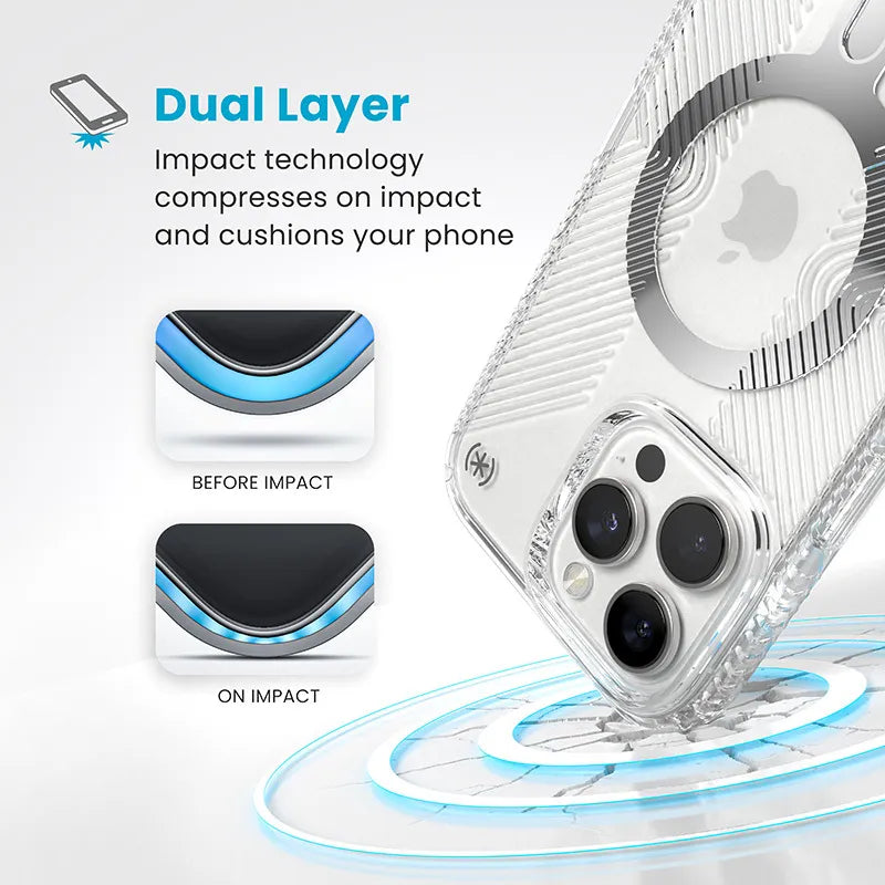 Speck Presidio Perfect-Clear Grip ClickLock & MagSafe – Dėklas iPhone 16 Pro Max (Skaidrus / Chromuota apdaila / Serene Silver)