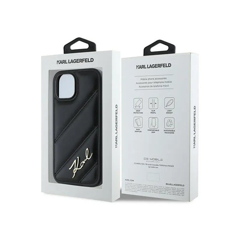 Karl Lagerfeld Diagonal Quilted Script – Dėklas iPhone 15 Plus / 14 Plus (Juodas)