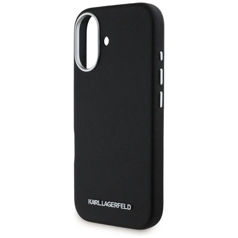 Karl Lagerfeld Saffiano Full Wrapped Elongated Metal Logo MagSafe – dėklas iPhone 16 (juodas)