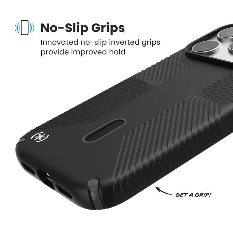 Speck Presidio2 Grip ClickLock & MagSafe – iPhone 17 Pro dėklas (juodas / pilkas / baltas)