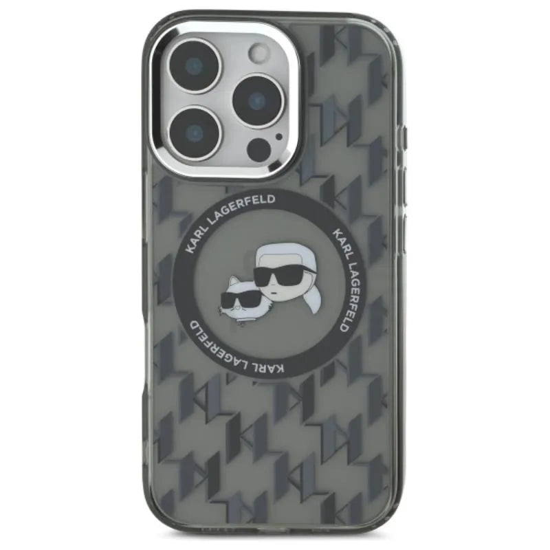 Karl Lagerfeld IML Monogram Karl & Choupette Head MagSafe – dėklas iPhone 16 Pro (juodas)