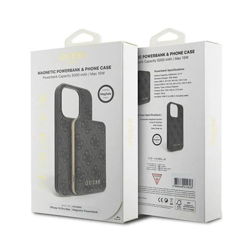 „Guess“ rinkinys „MagSafe 4G Metal Gold Logo“ – dėklo komplektas + 5000mAh „MagSafe“ „power bank“ „iPhone 14 Pro Max“ (juodas)