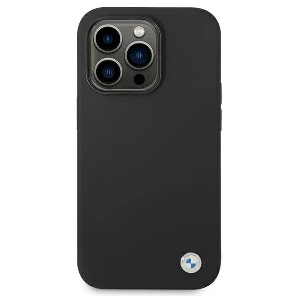 BMW Liquid Silicone dėklas su metaliniu logotipu, skirtas iPhone 14 Pro Max (juodas)