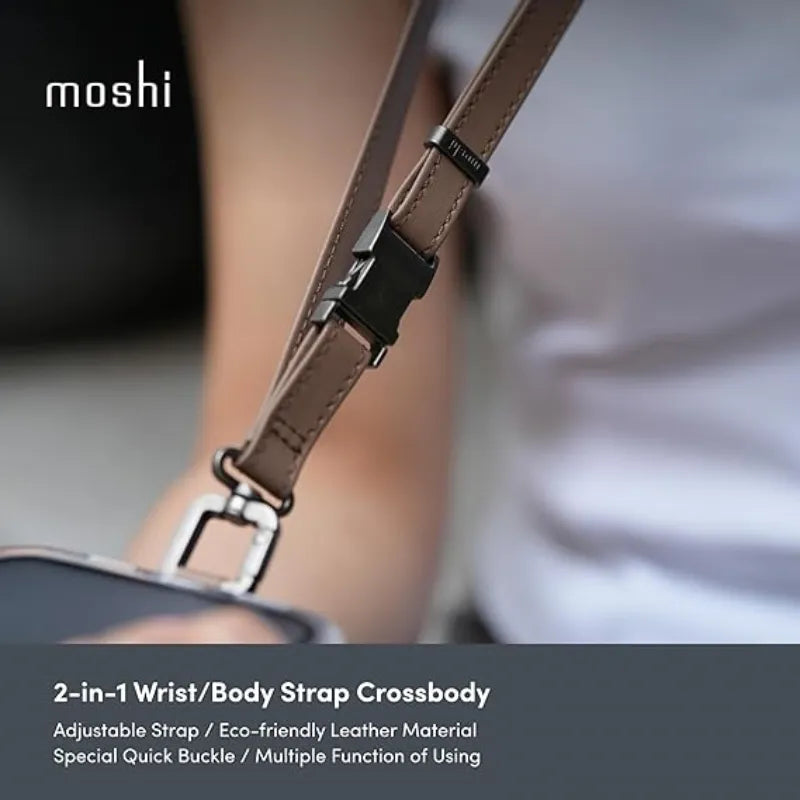 Moshi 2-in-1 riešo ir kūno dirželis su adapteriu – eko odos telefono dirželis (Misty Coral)