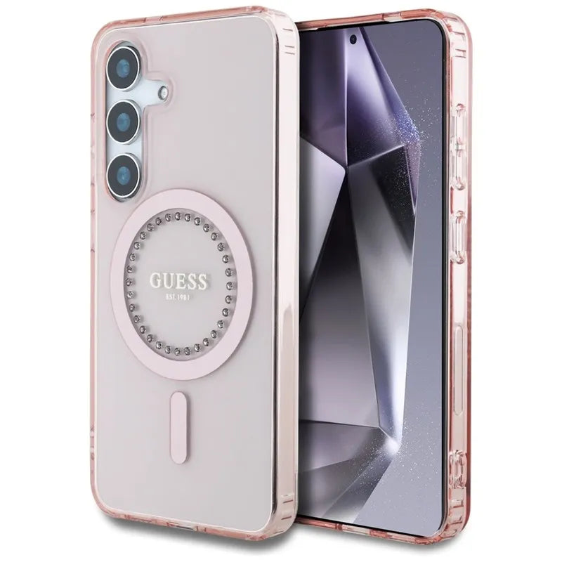 Guess Rhinestones Printed Classic Logo MagSafe - dėklas Samsung Galaxy S25 (rožinis)