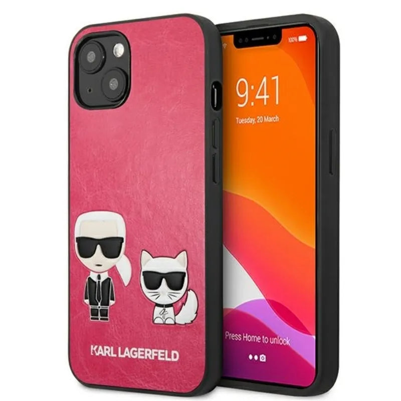 Karl Lagerfeld PU odinis dėklas Karl & Choupette Embossed – skirtas iPhone 13 Mini (fuksijos spalvos)