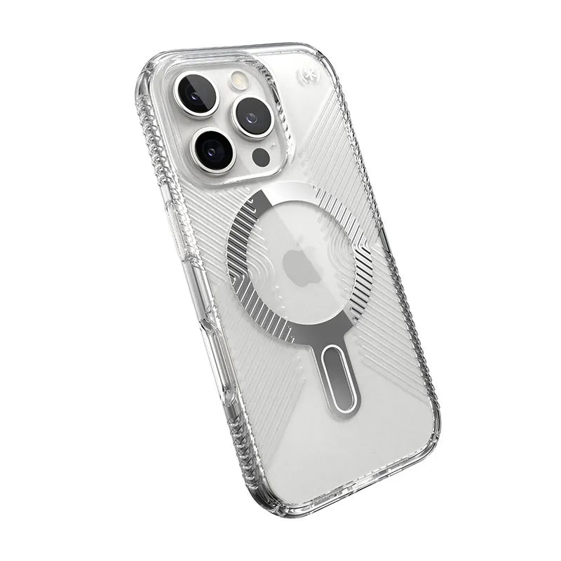 Speck Presidio Perfect-Clear Grip ClickLock & MagSafe – dėklas iPhone 16 Pro (skaidrus / chromuota apdaila / Serene Silver)