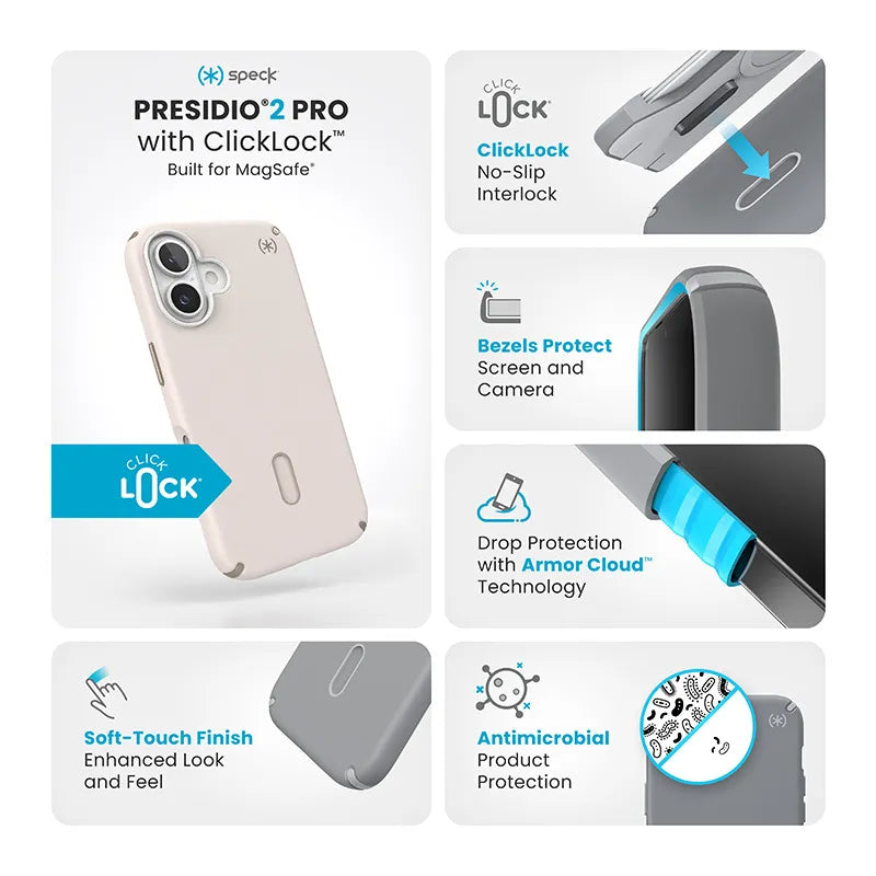 Speck Presidio2 Pro ClickLock & MagSafe - iPhone 16 dėklas (Bleached Bone / Heirloom Gold / Hazel Brown)