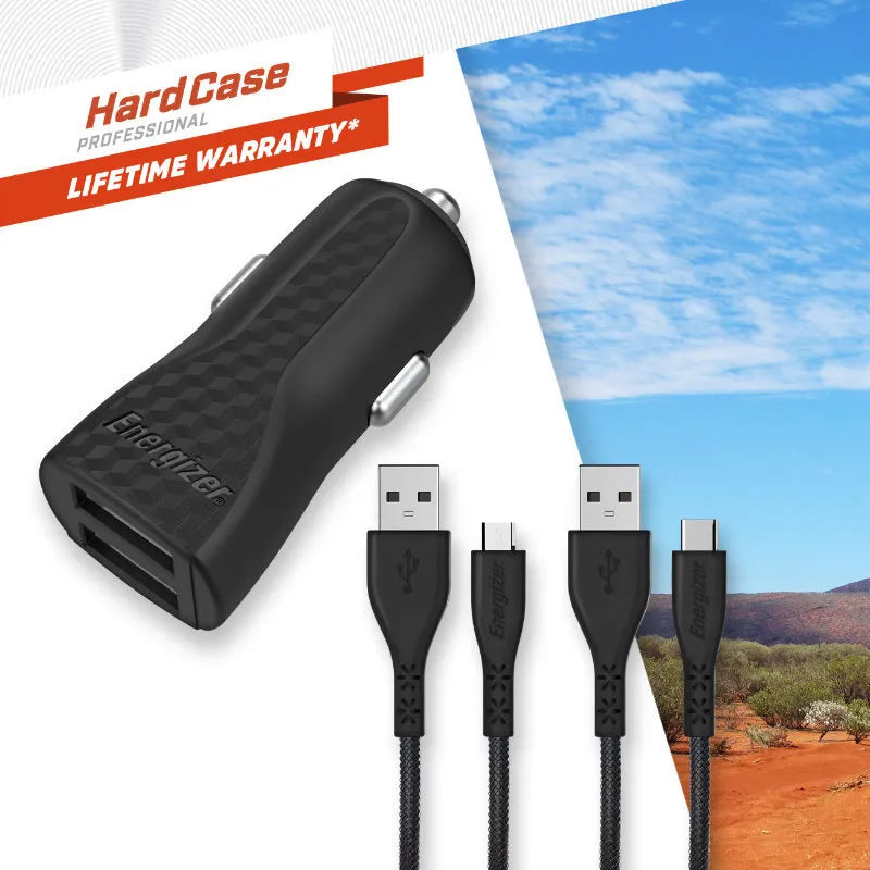 Energizer HardCase – Automobilinis įkroviklis 2x USB-A 2.4A + USB-C ir „Micro USB“ kabelis (juodas)