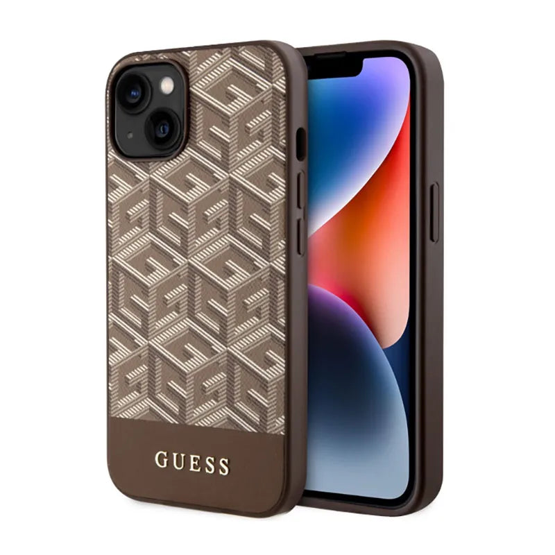 Guess GCube Stripes MagSafe – Dėklas, skirtas iPhone 14 Plus (ruda)
