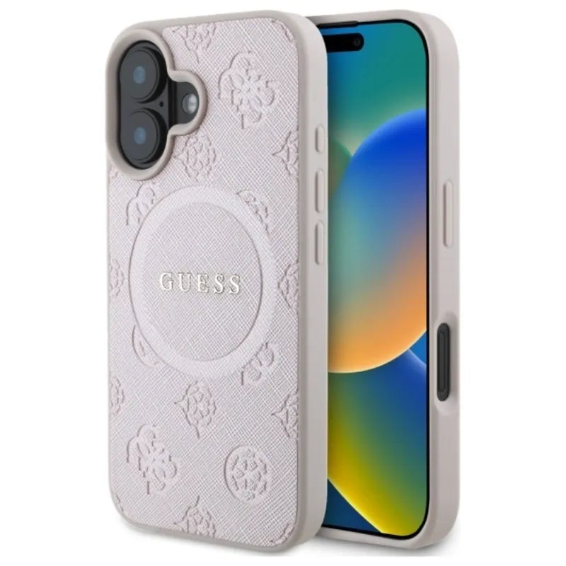 Guess Saffiano Peony Classic Logo MagSafe – dėklas iPhone 16 (rožinis)