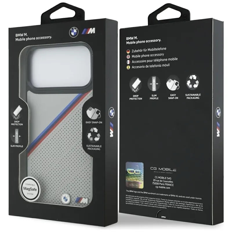BMW M Tricolor Metal Logo MagSafe – iPhone 17 Pro Max dėklas (pilkas)