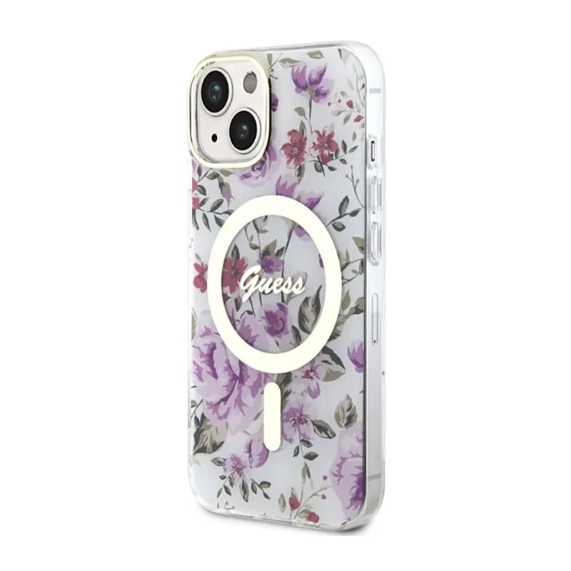 Guess Flower MagSafe – Dėklas, skirtas iPhone 14 Plus (Skaidrus)