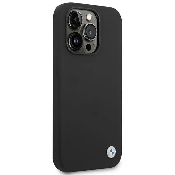 BMW Liquid Silicone dėklas su metaliniu logotipu, skirtas iPhone 14 Pro Max (juodas)