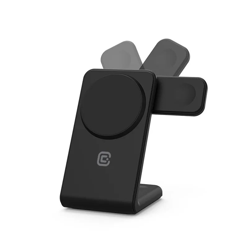 „Crong MagSpot Pivot Stand“ – 3-in-1 belaidis įkroviklis su „MagSafe“, skirtas „iPhone“, „Apple Watch“ ir „AirPods“ (juodas)