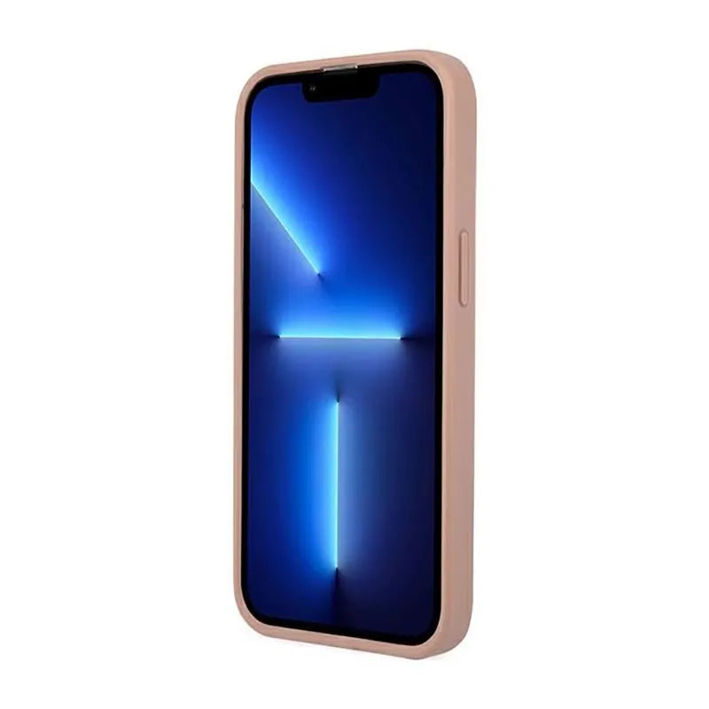 Guess Saffiano Triangle Logo dėklas - dėklas iPhone 14 Pro telefonui (rožinis)