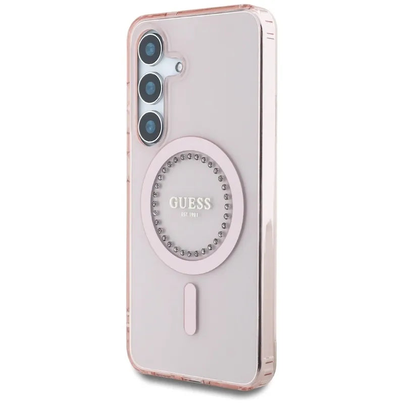 Guess Rhinestones Printed Classic Logo MagSafe - dėklas Samsung Galaxy S25 (rožinis)