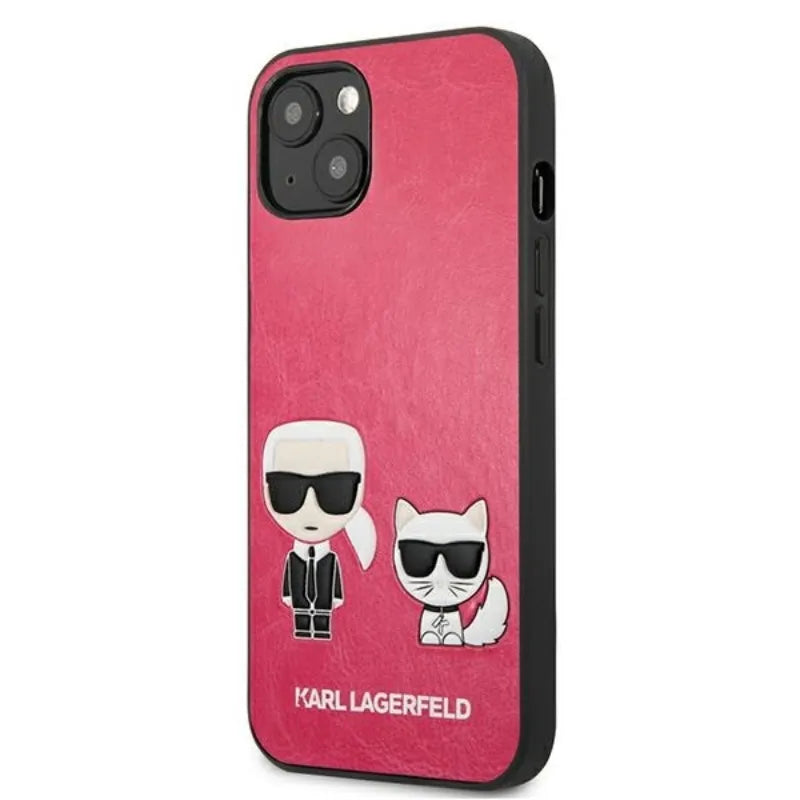 Karl Lagerfeld PU odinis dėklas Karl & Choupette Embossed – skirtas iPhone 13 Mini (fuksijos spalvos)