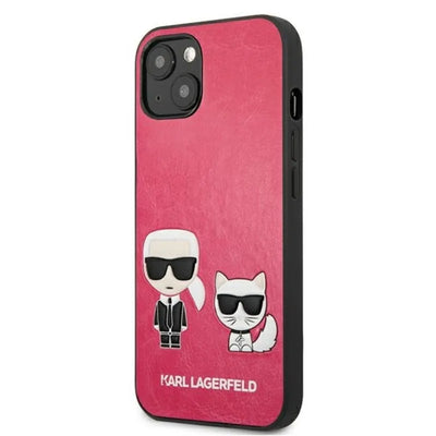 Karl Lagerfeld PU odinis dėklas Karl & Choupette Embossed – skirtas iPhone 13 Mini (fuksijos spalvos)