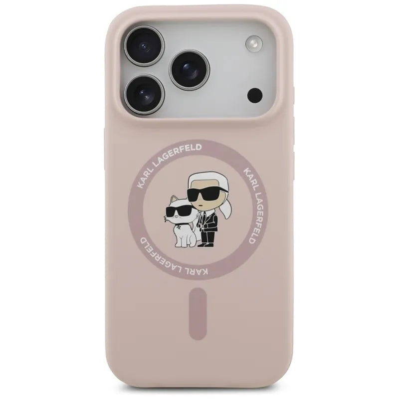 Karl Lagerfeld Silicone Karl & Choupette Ring MagSafe – Dėklas iPhone 17 Pro (rožinis)