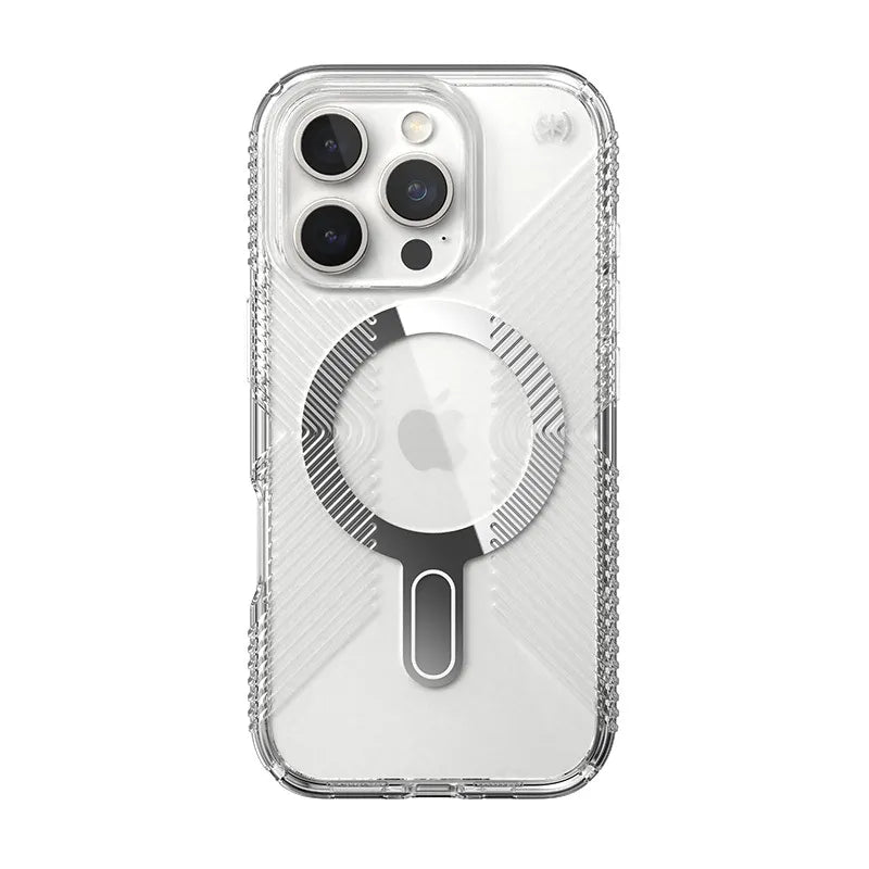 Speck Presidio Perfect-Clear Grip ClickLock & MagSafe – dėklas iPhone 16 Pro (skaidrus / chromuota apdaila / Serene Silver)
