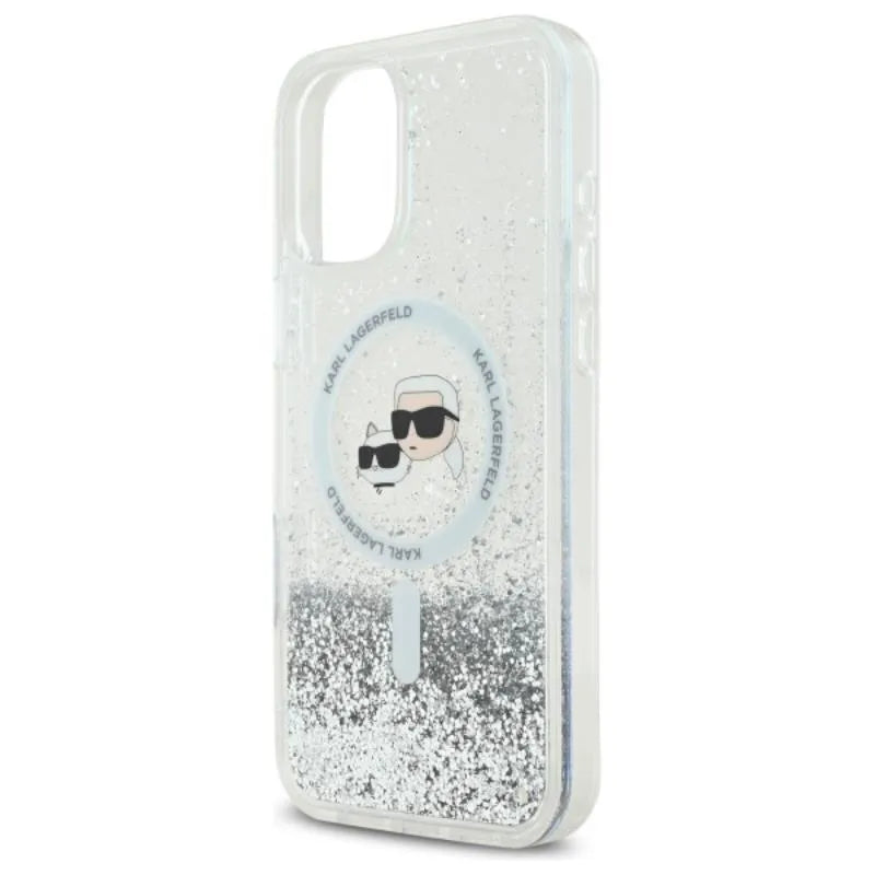 Karl Lagerfeld Liquid Glitter Karl & Choupette Head MagSafe – dėklas iPhone 16 Plus (skaidrus)