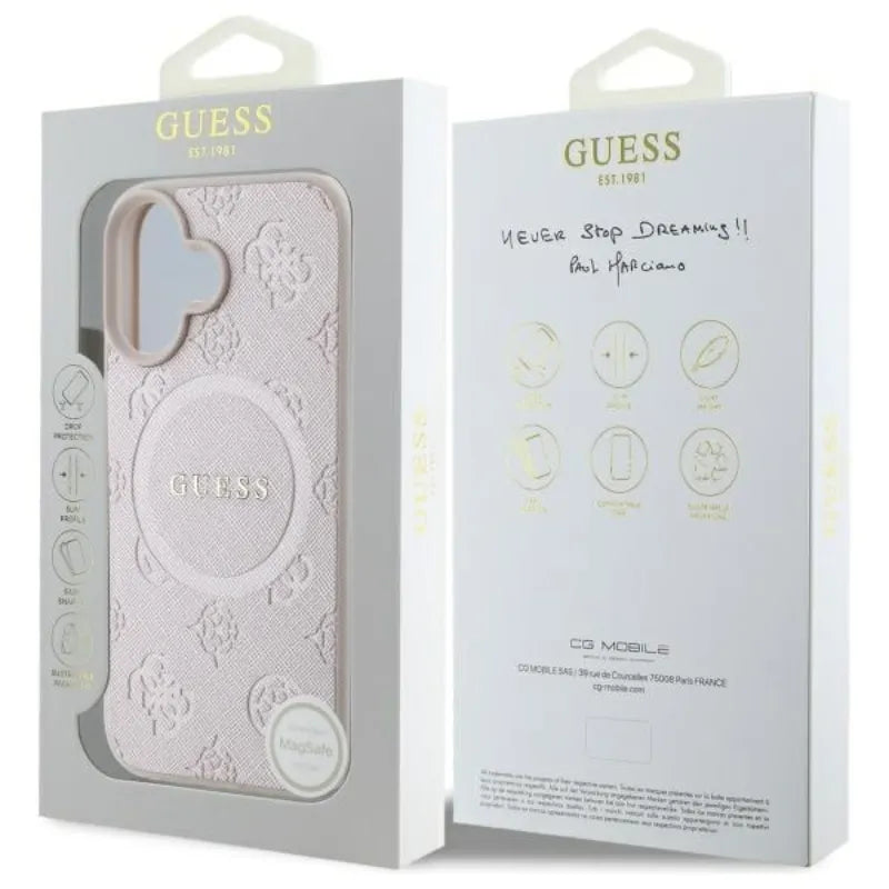 Guess Saffiano Peony Classic Logo MagSafe – dėklas iPhone 16 (rožinis)