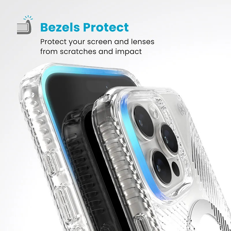 Speck Presidio Perfect-Clear Grip ClickLock & MagSafe – Dėklas iPhone 16 Pro Max (Skaidrus / Chromuota apdaila / Serene Silver)