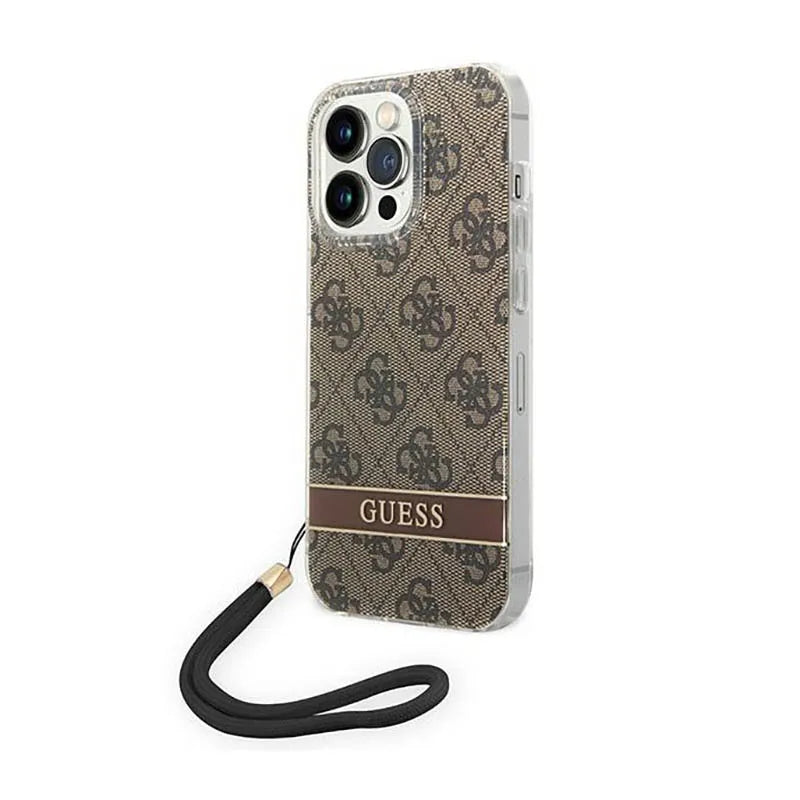 Guess 4G Print Cord - dėklas, skirtas iPhone 14 Pro Max (rudos spalvos)