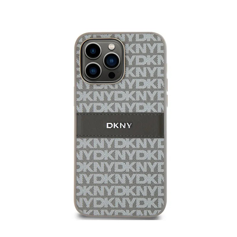 DKNY Leather Mono Stripe & Metal Logo – dėklas iPhone 14 Pro Max (smėlio spalvos)