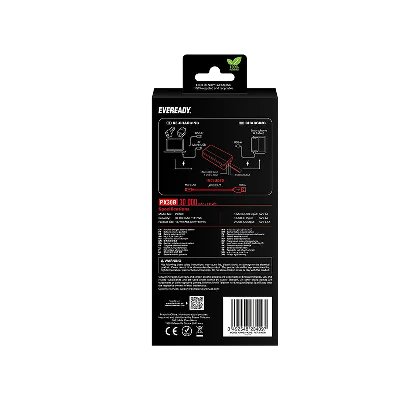 Eveready PX30B – išorinė baterija 30000 mAh 2x USB-A (juoda)