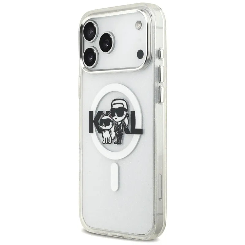 Karl Lagerfeld IML Glitter Karl & Choupette Sketch Logo MagSafe – dėklas iPhone 17 Pro Max (skaidrus)