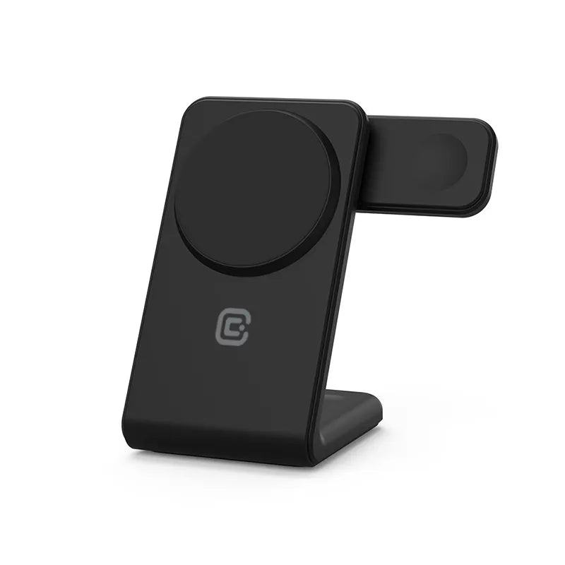 „Crong MagSpot Pivot Stand“ – 3-in-1 belaidis įkroviklis su „MagSafe“, skirtas „iPhone“, „Apple Watch“ ir „AirPods“ (juodas)