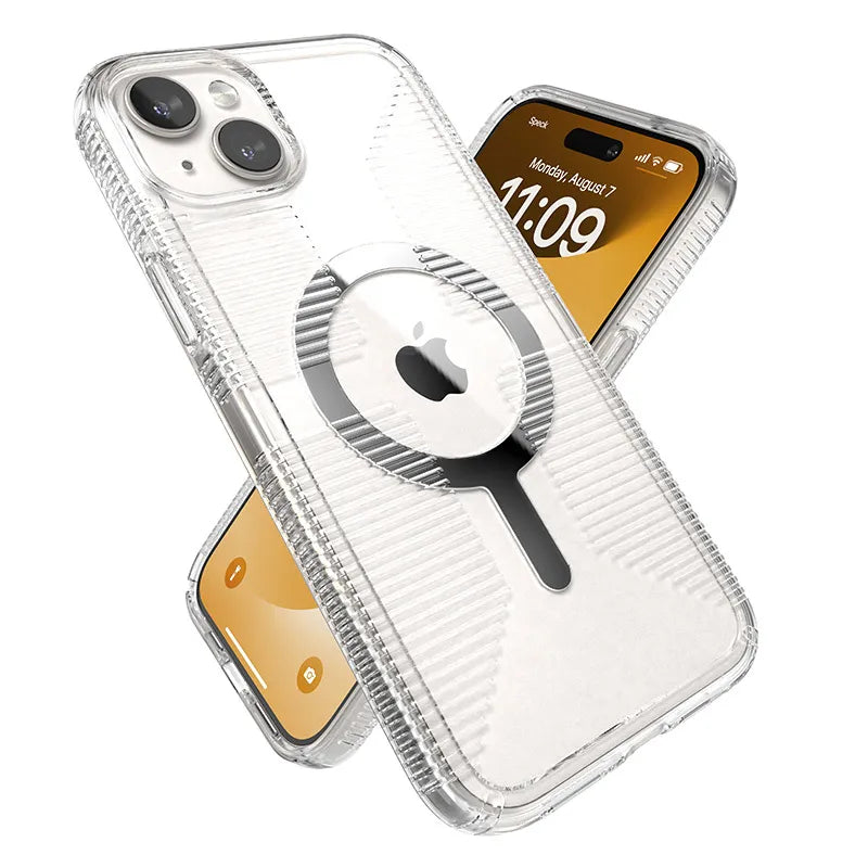 Speck Gemshell Grip + MagSafe – dėklas iPhone 15 Plus / iPhone 14 Plus (Skaidrus / Chromuota apdaila)