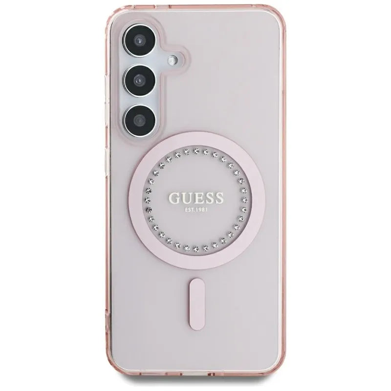 Guess Rhinestones Printed Classic Logo MagSafe - dėklas Samsung Galaxy S25 (rožinis)