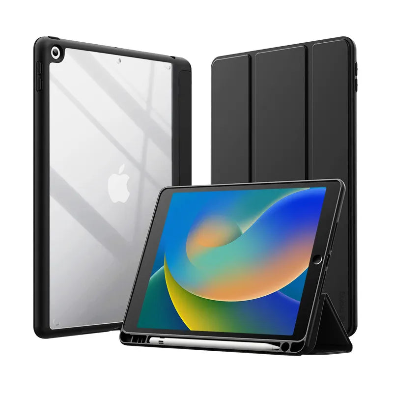Crong PrimeFolio – iPad 10.2” (2021-2019) dėklas su stovu ir Apple Pencil skyriumi (juodas/skaidrus)