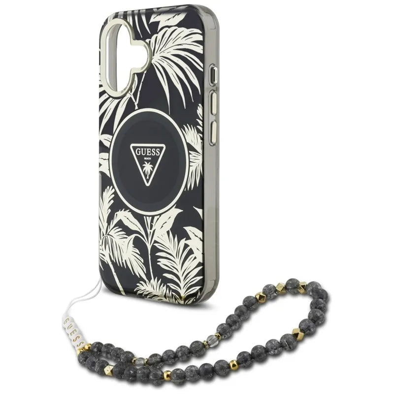 Guess Palm Trees Triangle Pearl Strap MagSafe – dėklas iPhone 16 (juodas)
