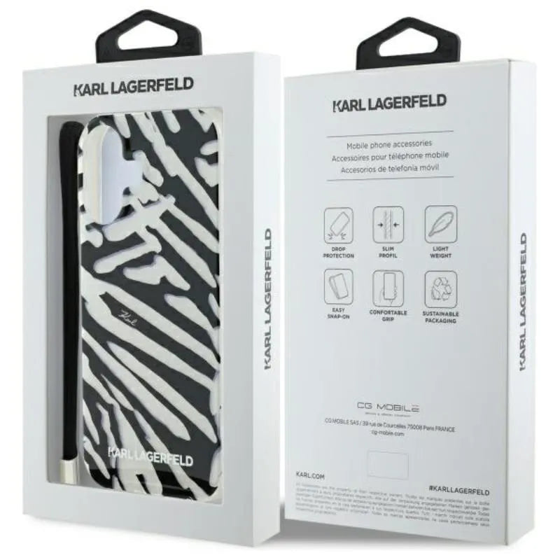Karl Lagerfeld IML Zebra Pattern & Cord – dėklas, skirtas iPhone 16 (juodas)
