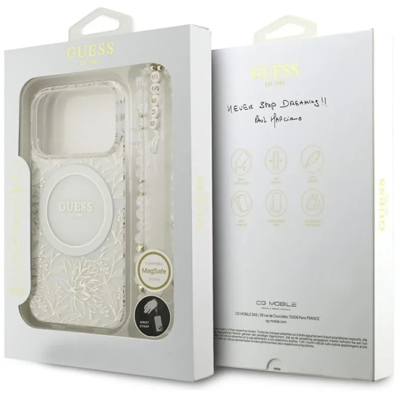 „Guess IML Flowers Electro Pearl Strap MagSafe“ – dėklas „iPhone 17 Pro“ (baltas)