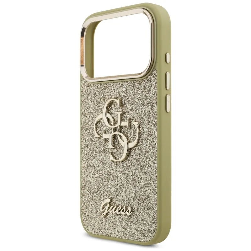 Guess Fixed Glitter Big 4G Metal Frame – Dėklas iPhone 17 Pro (auksinis)