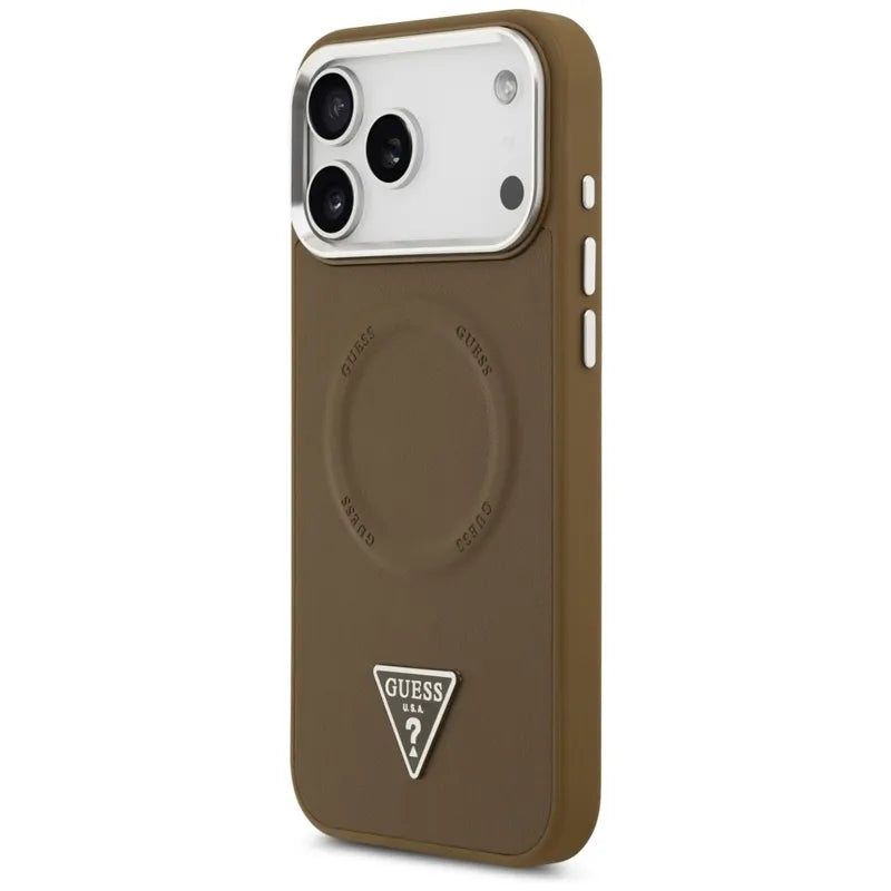 Guess Triangle Logo MagSafe – dėklas iPhone 17 Pro (rudas)